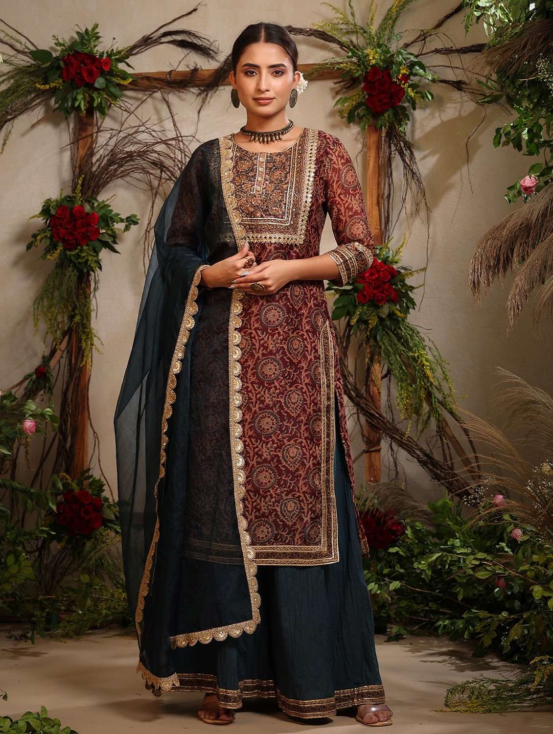 women three quarter sleeve kurta sharara with dupatta set