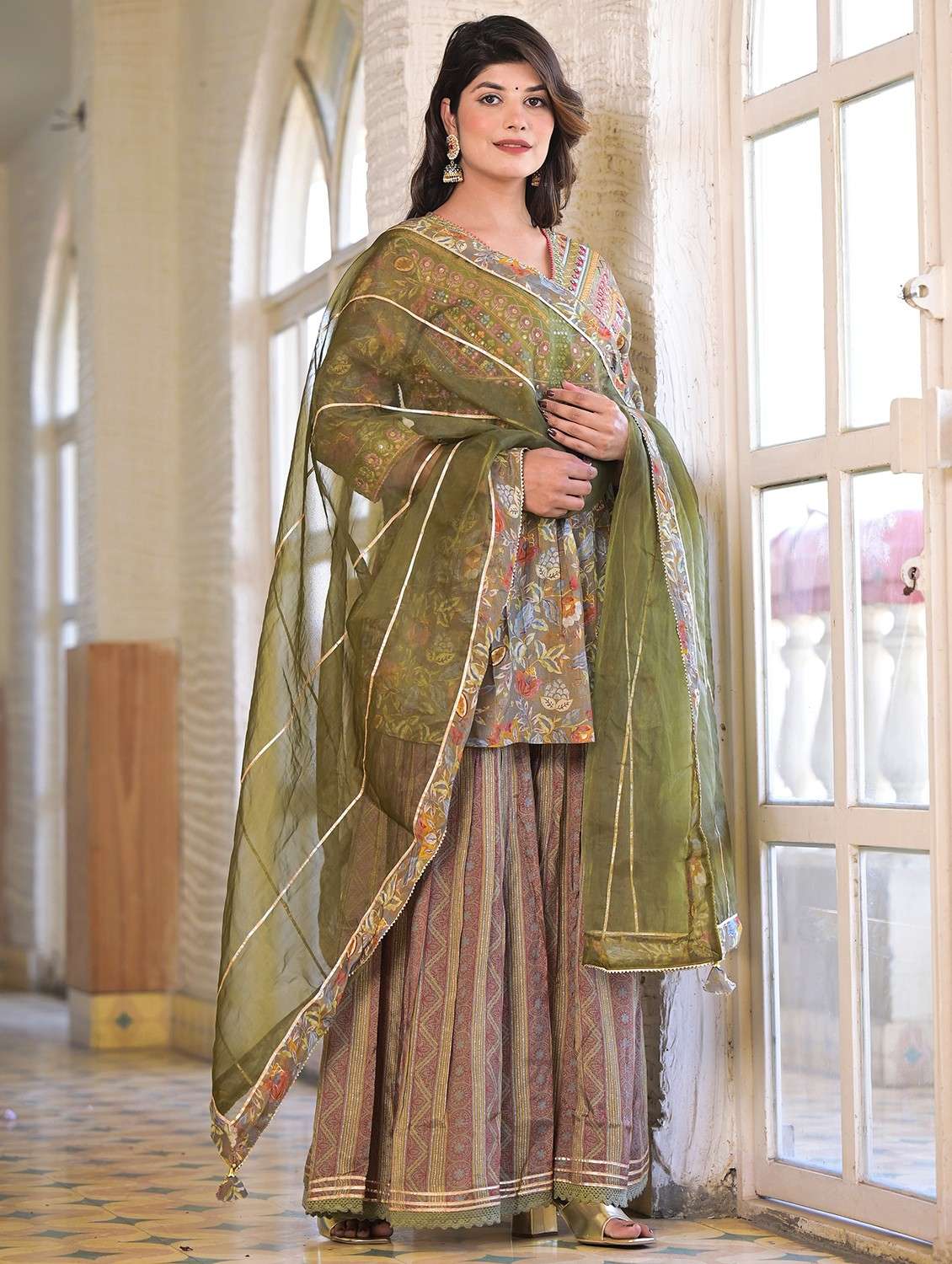 women three quarter sleeve kurta sharara with dupatta set - 22061455 -  Standard Image - 1
