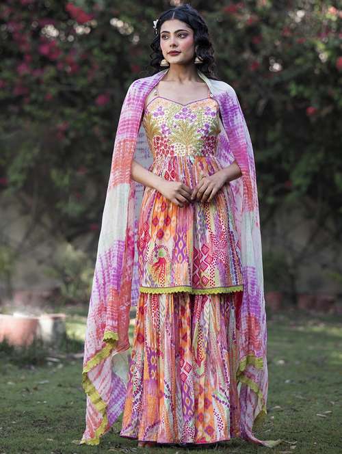 women printed shoulder strap kurta sharara with dupatta set - 22061457 -  Standard Image - 0
