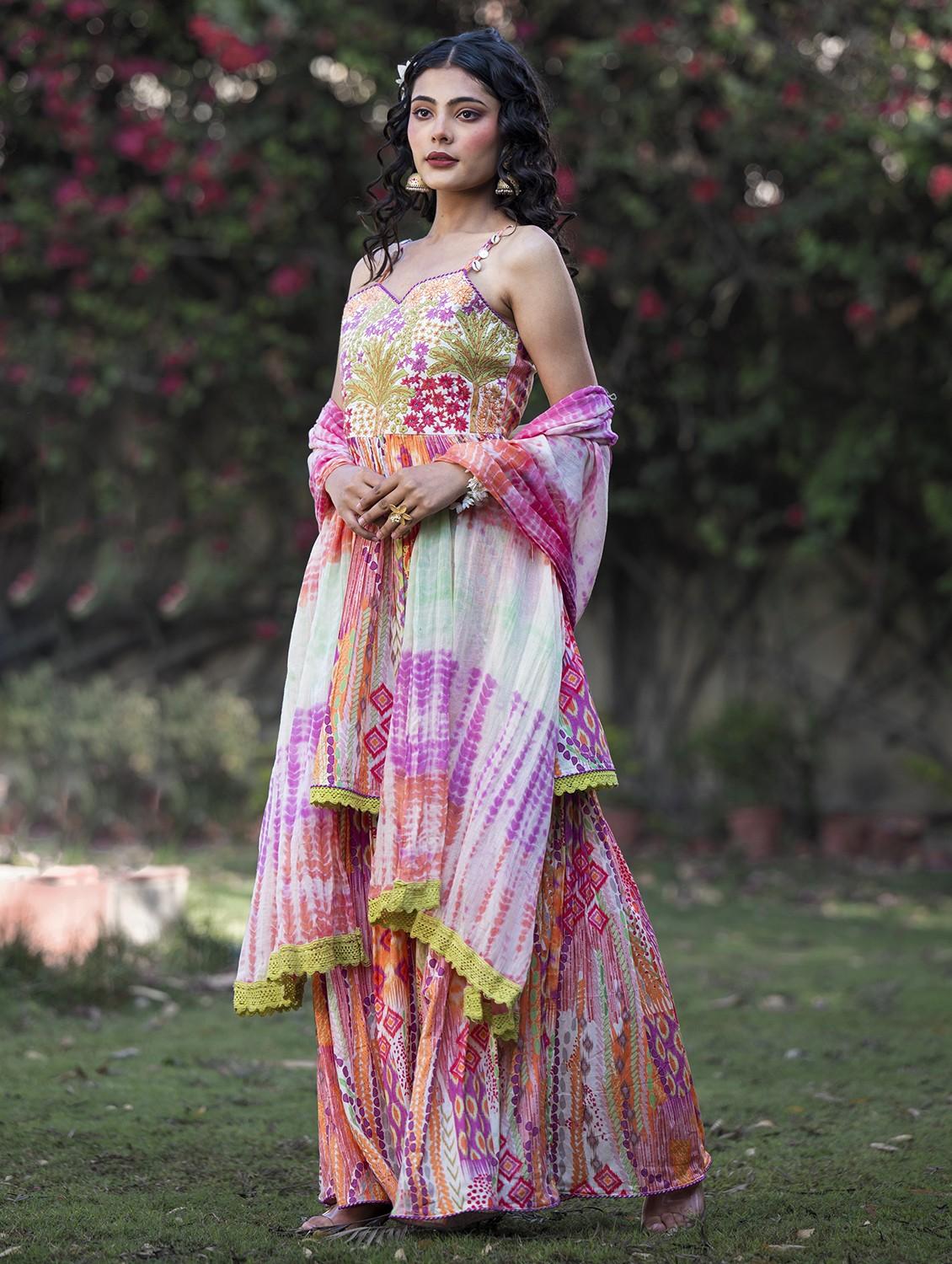 women printed shoulder strap kurta sharara with dupatta set - 22061457 -  Standard Image - 1