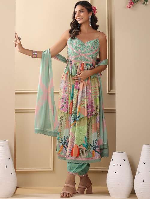 women printed sleeveless kurta salwar with dupatta set - 22061458 -  Standard Image - 0