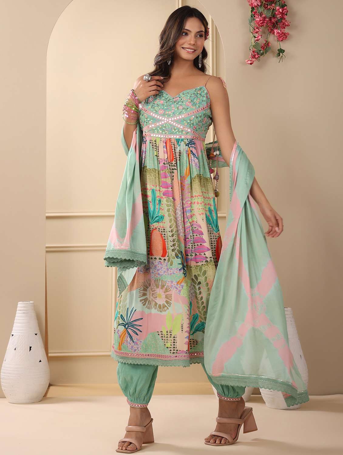 women printed sleeveless kurta salwar with dupatta set - 22061458 - Standard Image - 1
