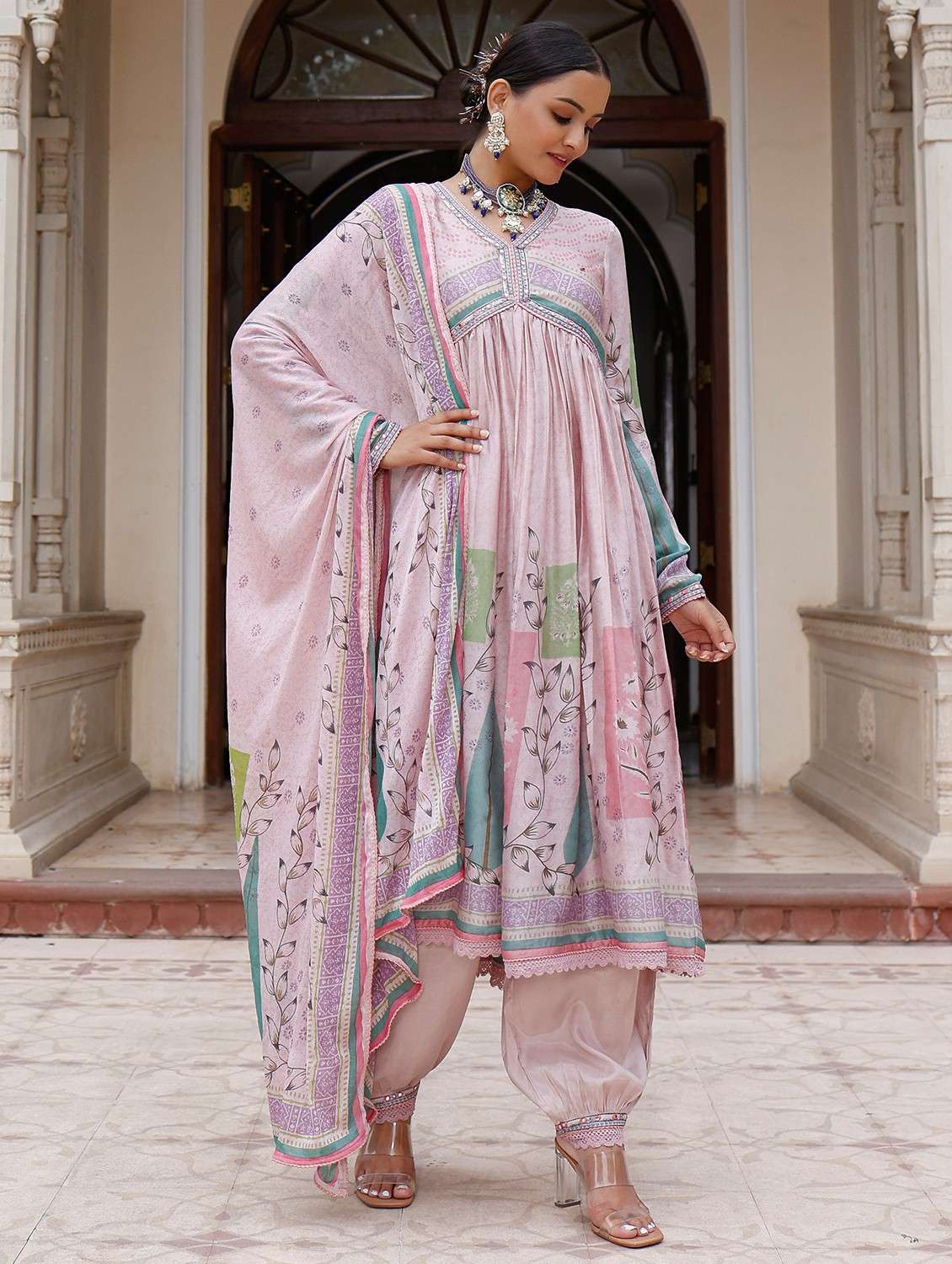women printed long sleeve kurta pant with dupatta set - 22061471 -  Standard Image - 1