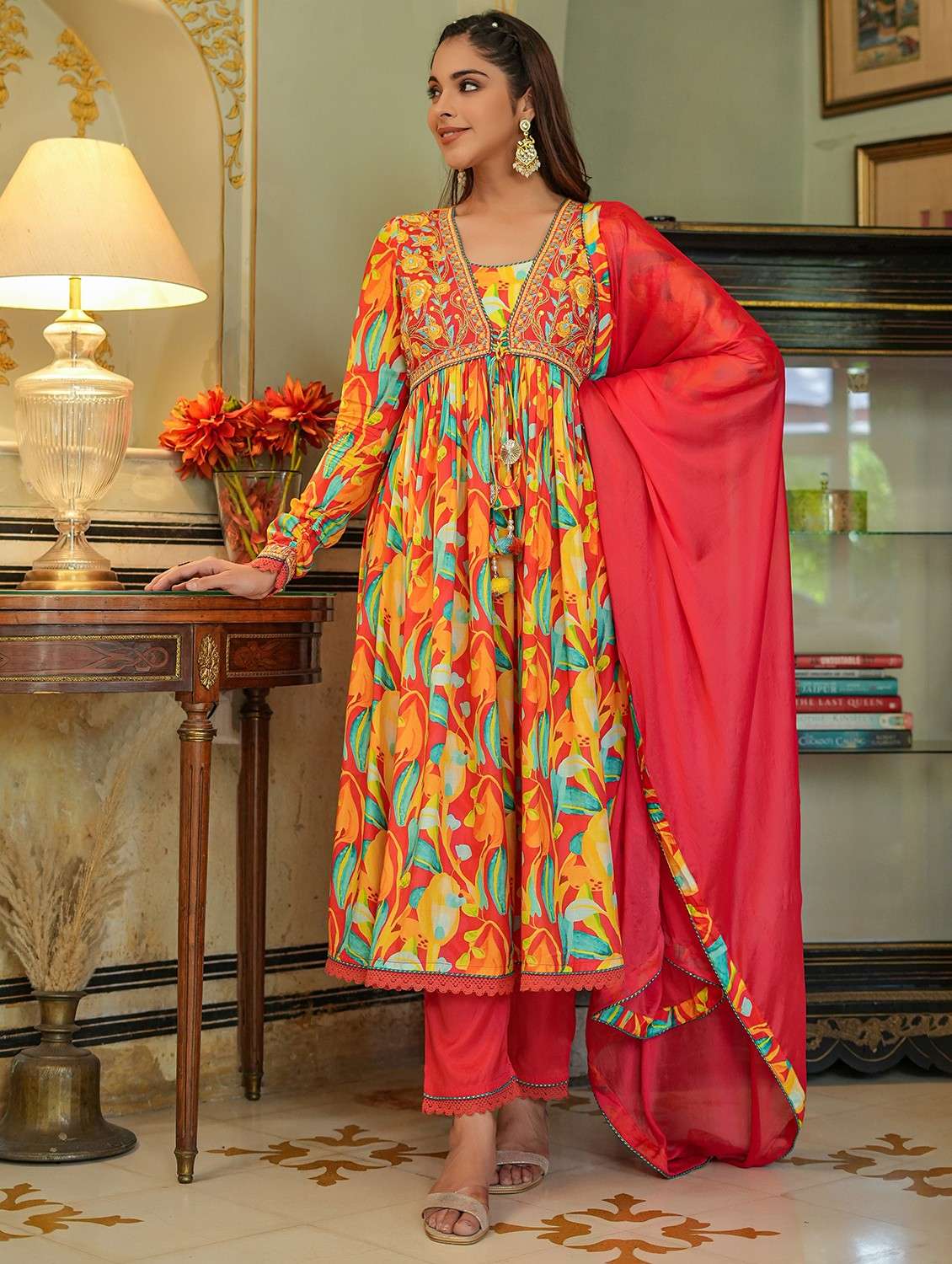 women three quarter sleeve kurta pant with dupatta set