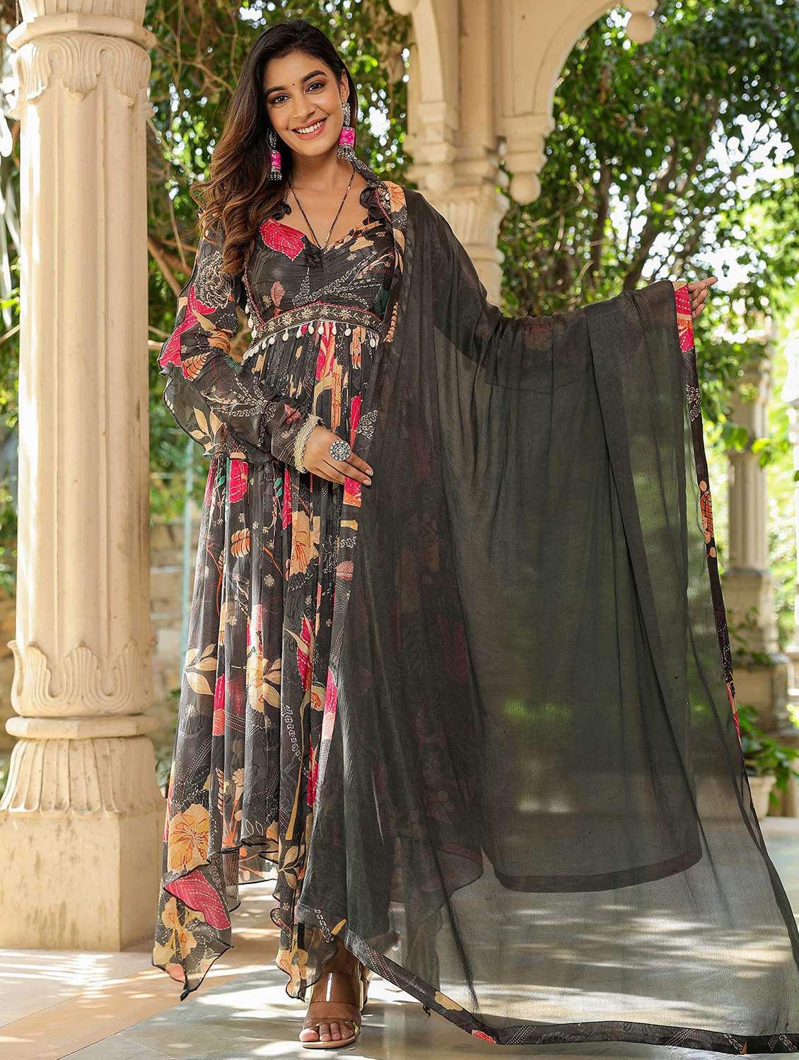 women floral long sleeve kurta pant with dupatta set