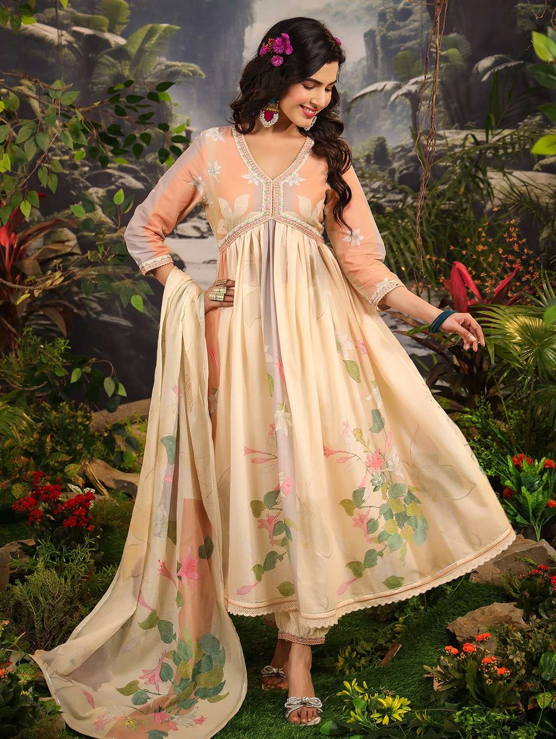 women floral three quarter sleeve kurta salwar with dupatta set - 22061503 -  Standard Image - 1
