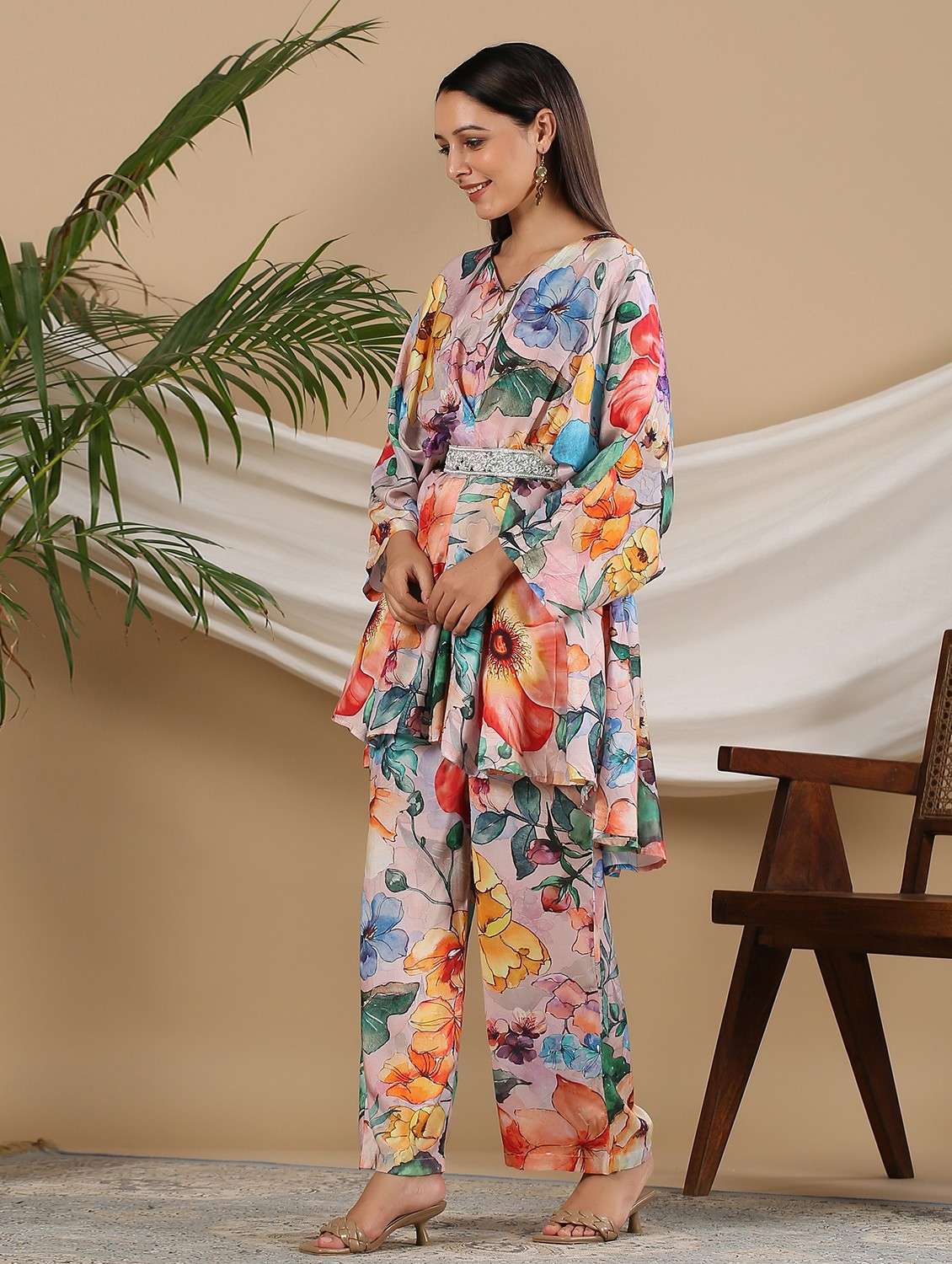 women floral printed kimono sleeve ethnic co-ord set - 22061505 - Standard Image - 1