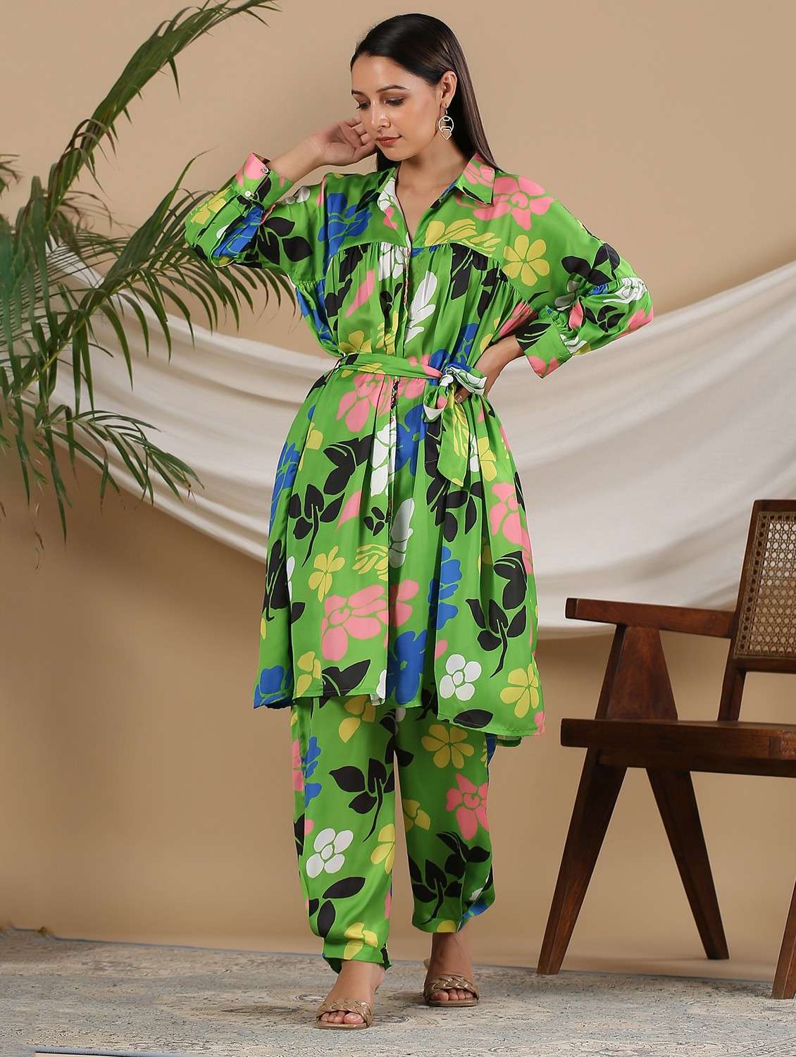 women floral printed long sleeve ethnic co-ord set