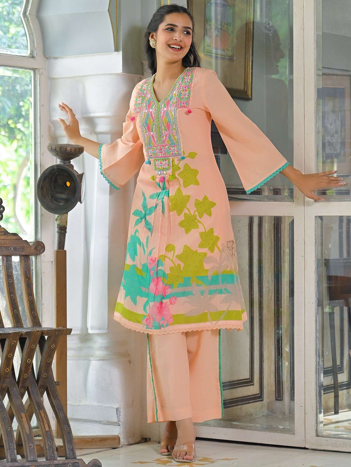 women printed three quarter sleeve kurta pant set - 22061523 -  Standard Image - 1