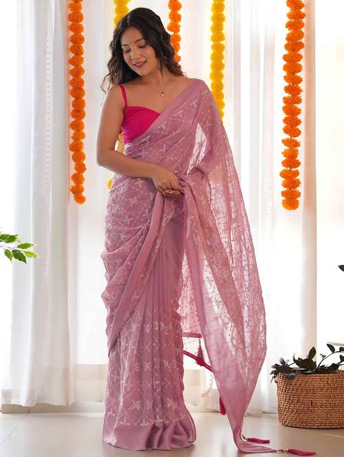 women solid with work embroidered saree with blouse - 22061550 -  Standard Image - 0
