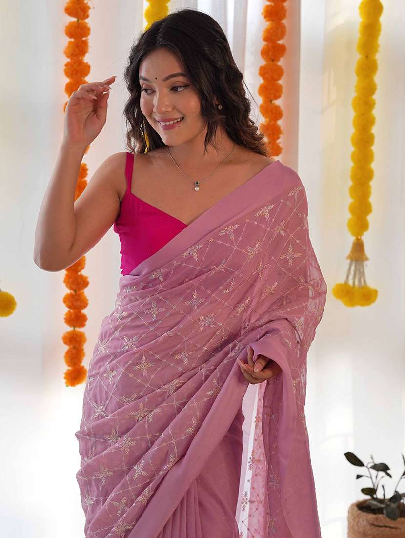 women solid with work embroidered saree with blouse - 22061550 -  Standard Image - 4