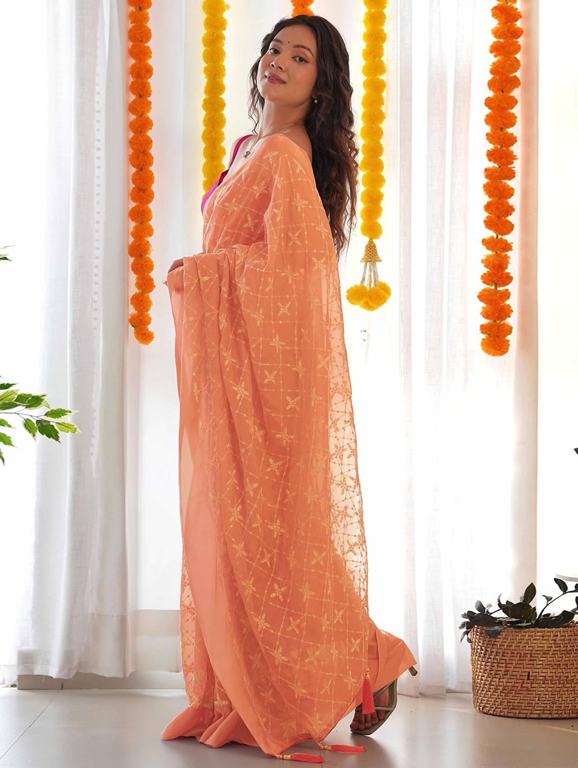 women solid with work embroidered saree with blouse - 22061551 - Standard Image - 1