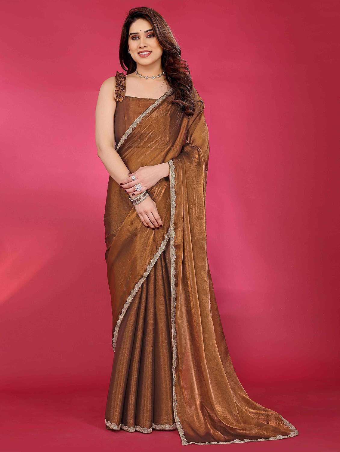 women solid embellished bordered saree with blouse - 22061570 -  Standard Image - 1