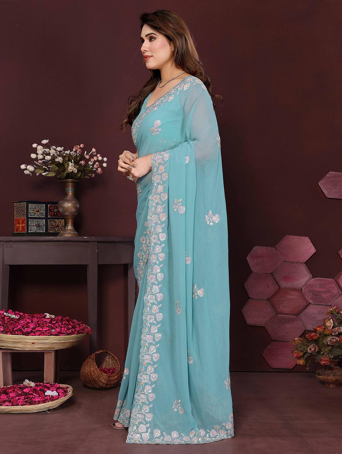 women solid with work embroidered saree with blouse - 22061577 - Standard Image - 1