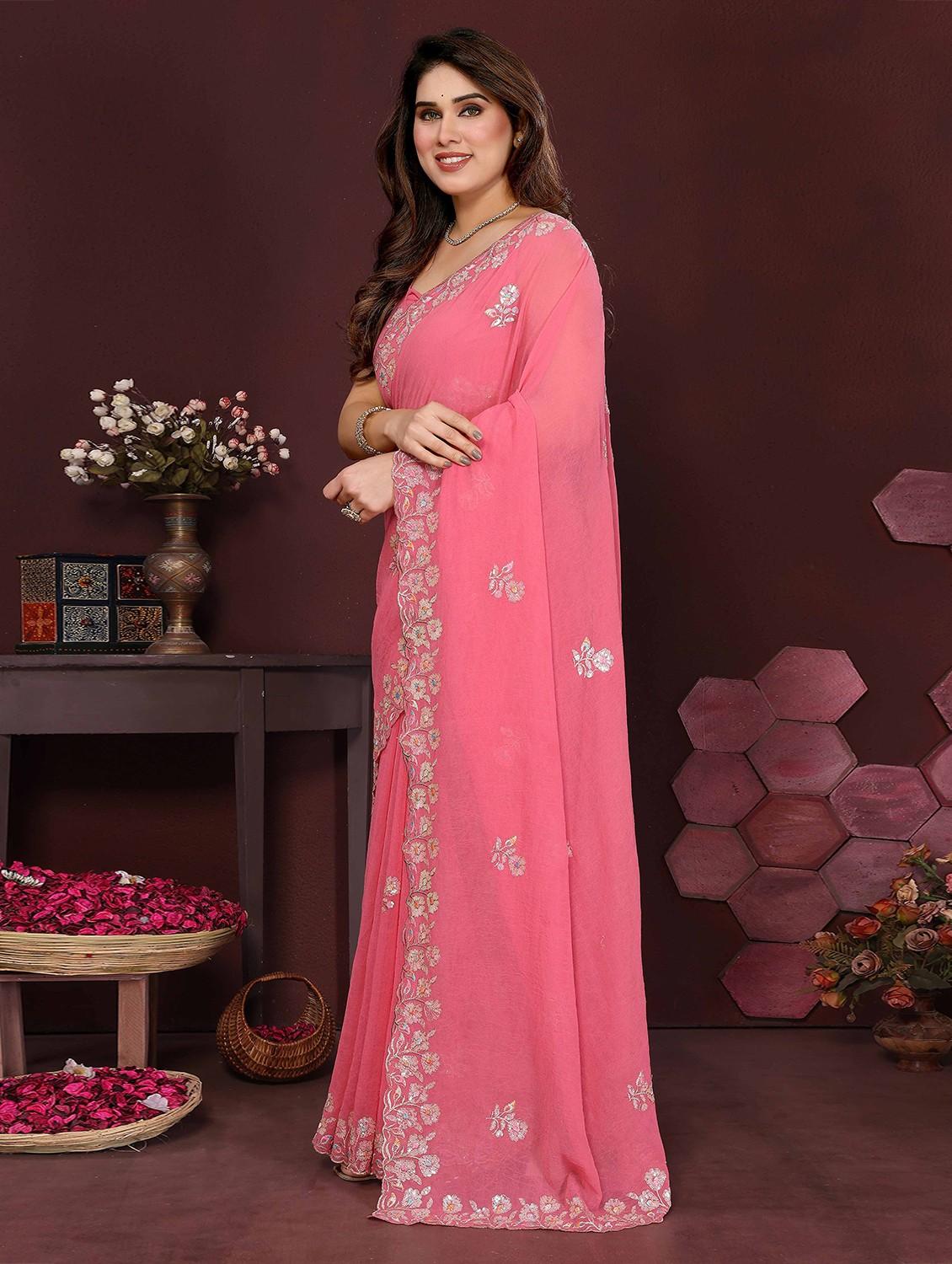 women solid with work embroidered saree with blouse - 22061578 - Standard Image - 1