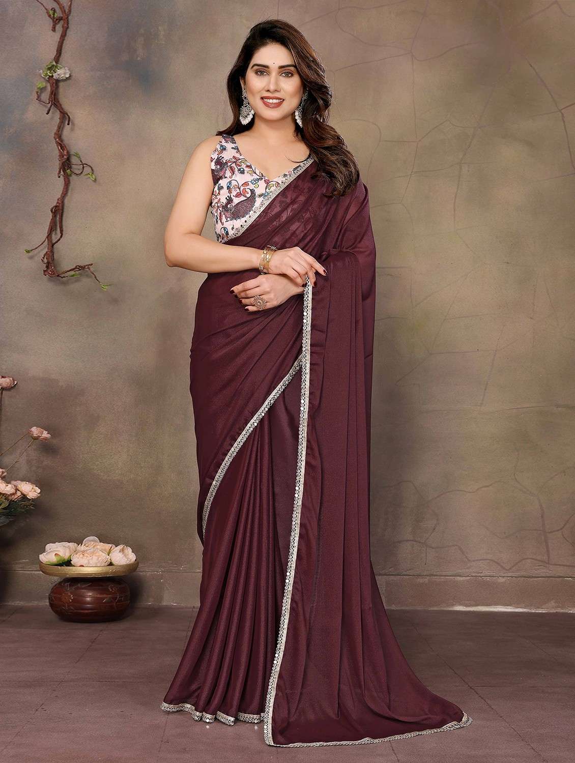 women solid plain embellished bordered saree with blouse