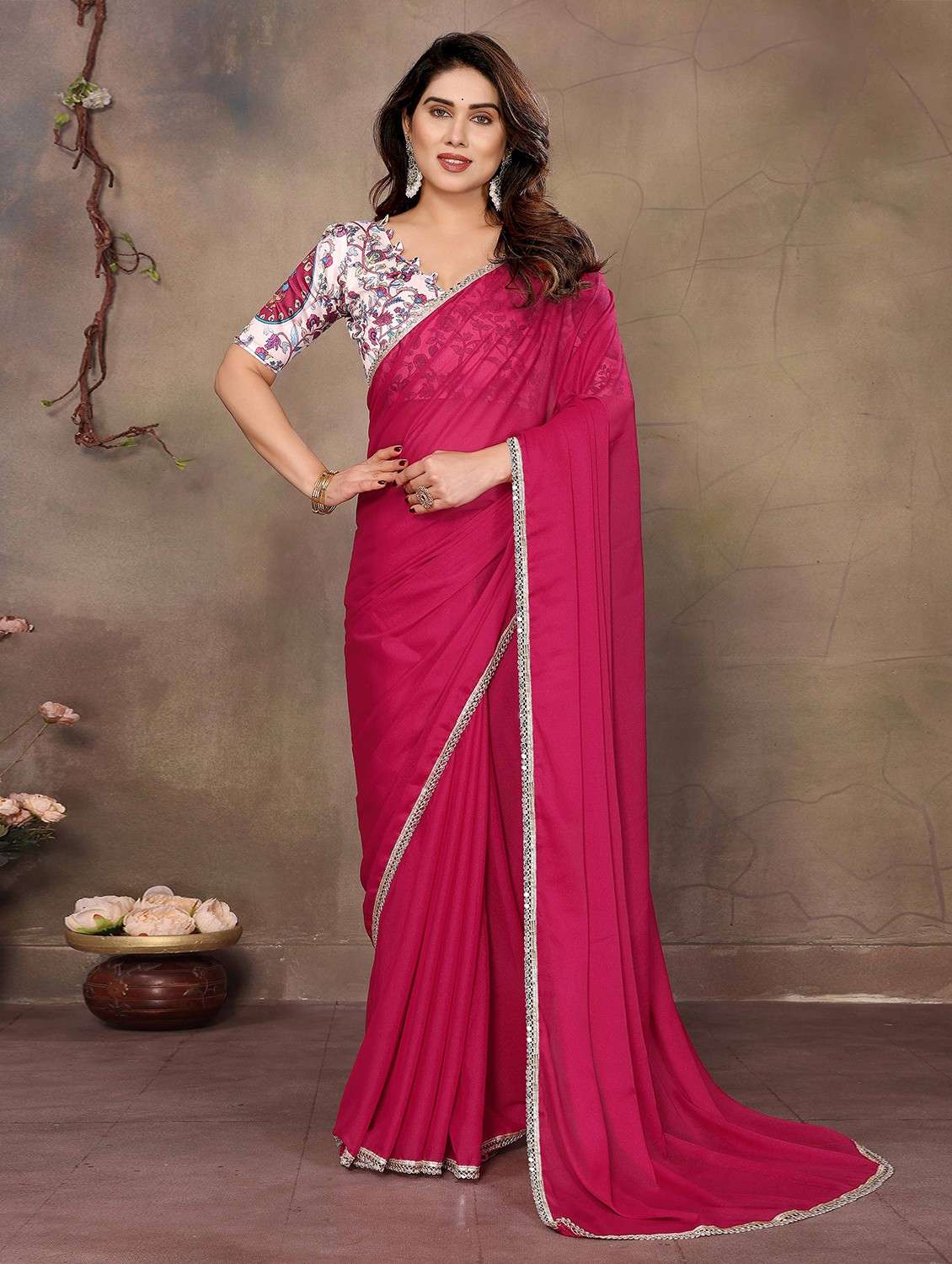 women solid plain embellished bordered saree with blouse