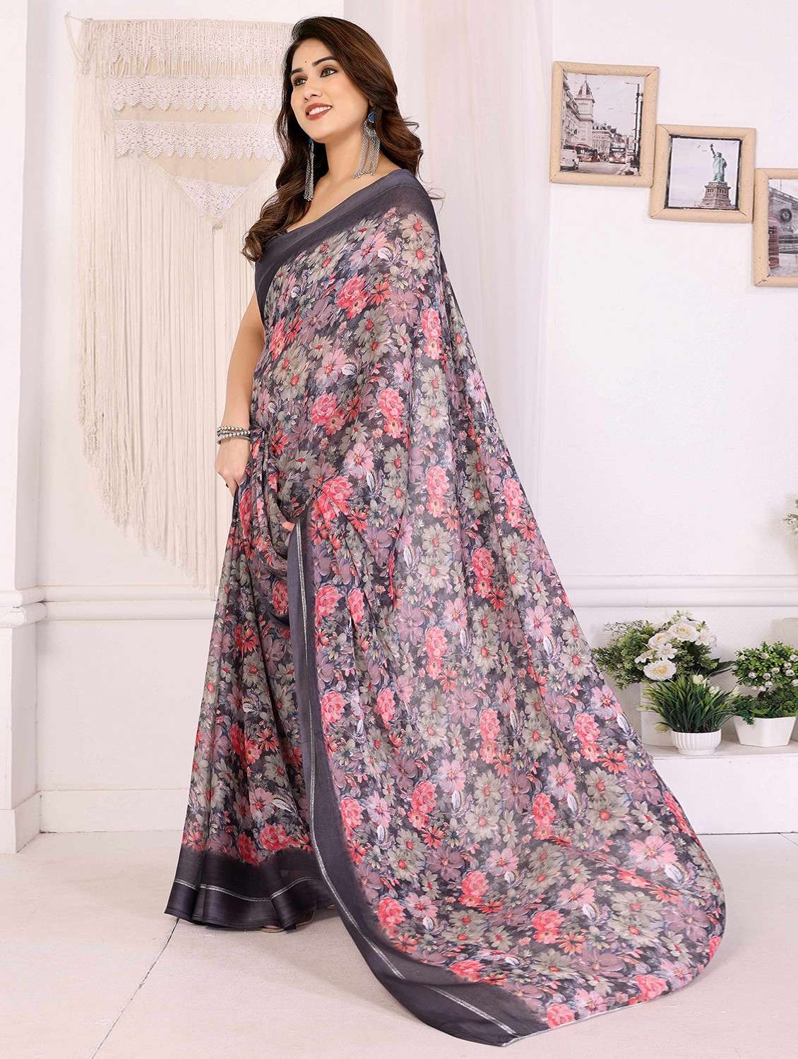 women floral printed saree with blouse - 22061589 -  Standard Image - 1