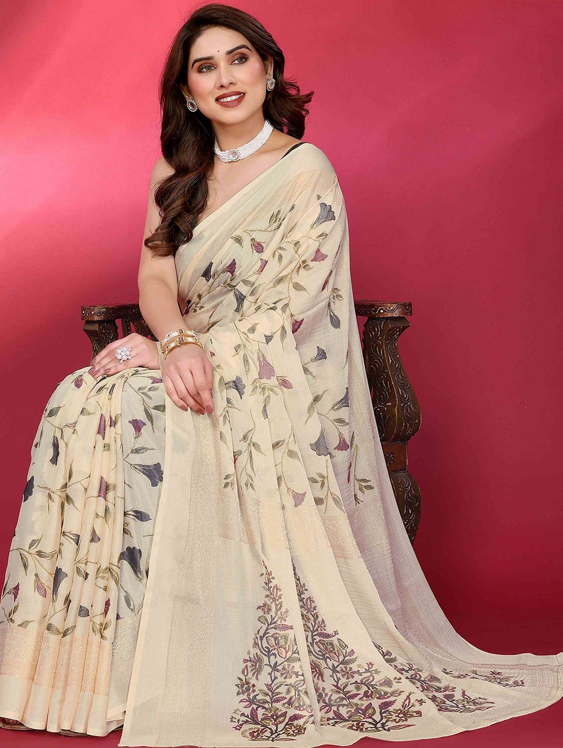 cream chiffon printed saree with blouse - 22061595 -  Standard Image - 1