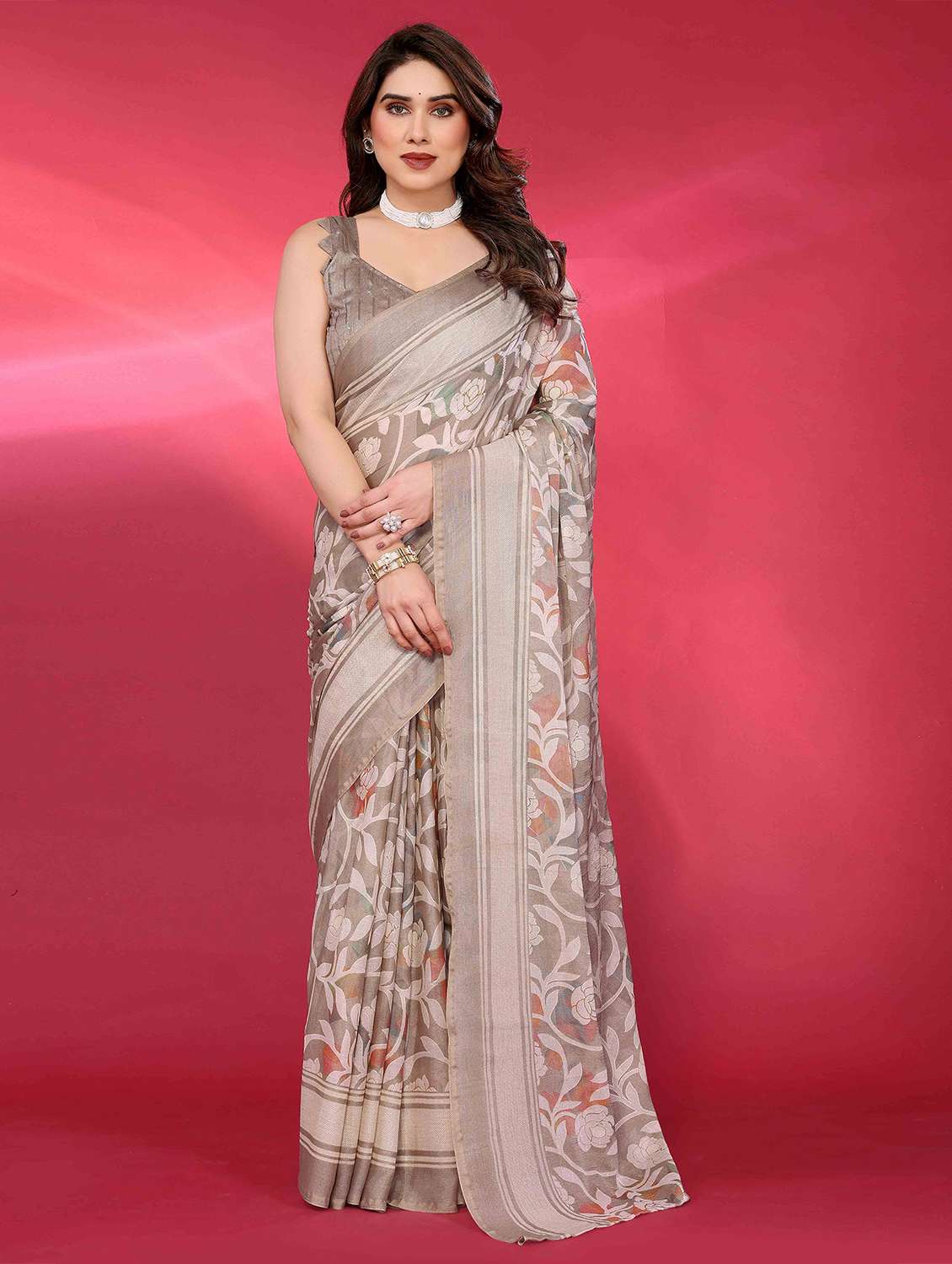grey chiffon printed saree with blouse