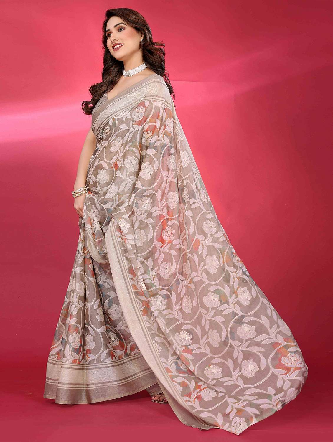 grey chiffon printed saree with blouse - 22061596 -  Standard Image - 1