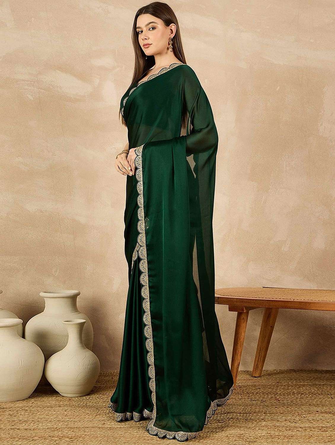 women solid with embellished bordered saree with blouse - 22061618 -  Standard Image - 1