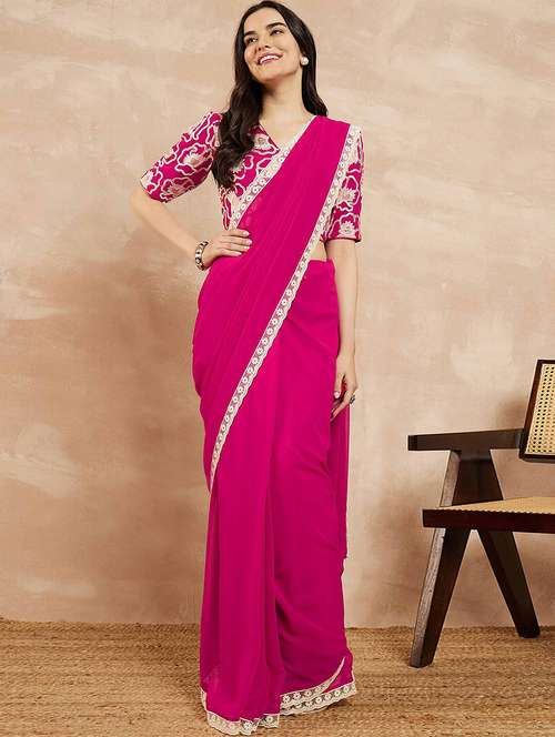 women solid with bordered saree with blouse - 22061630 -  Standard Image - 0