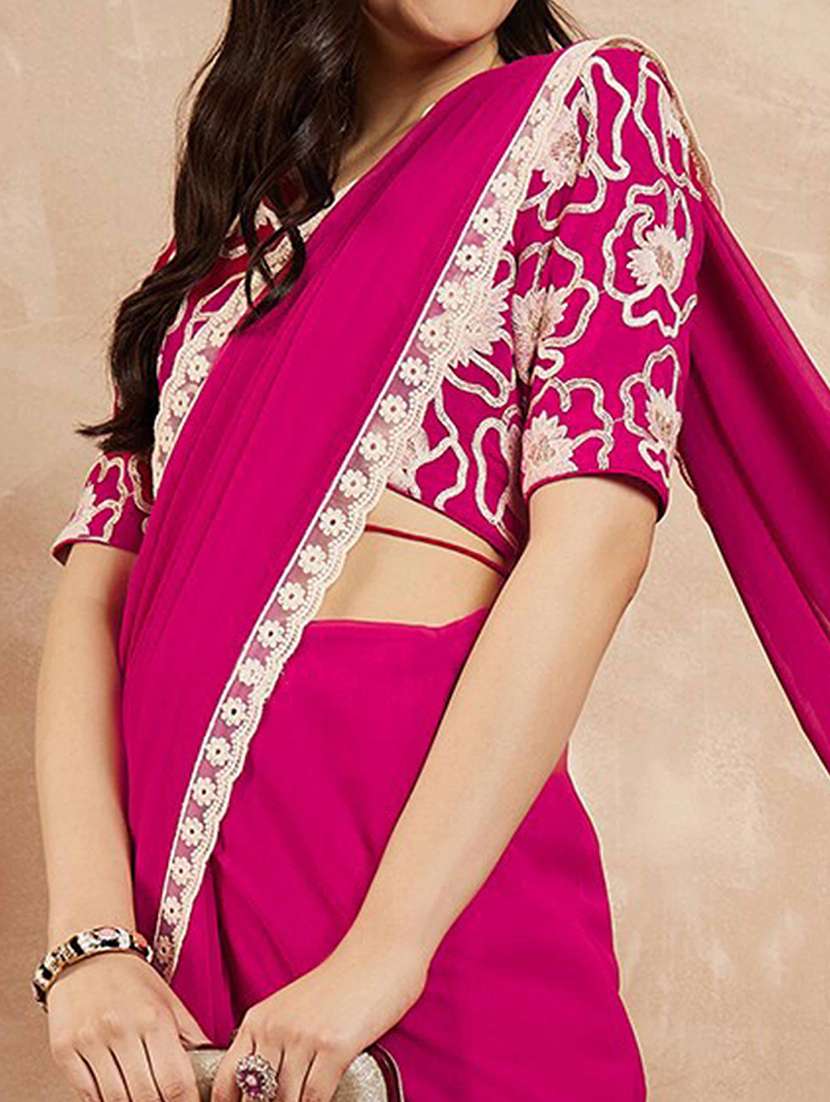 women solid with bordered saree with blouse - 22061630 -  Standard Image - 4