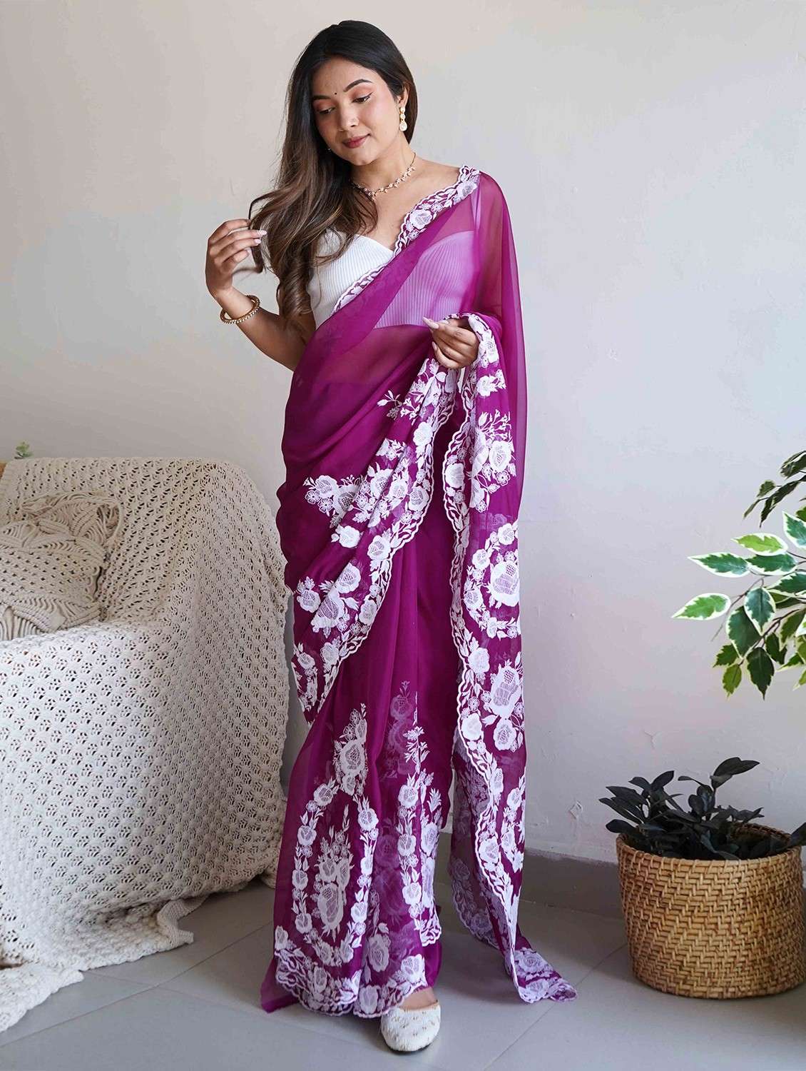 women solid with work embroidered saree with blouse - 22061646 - Zoom Image - 0