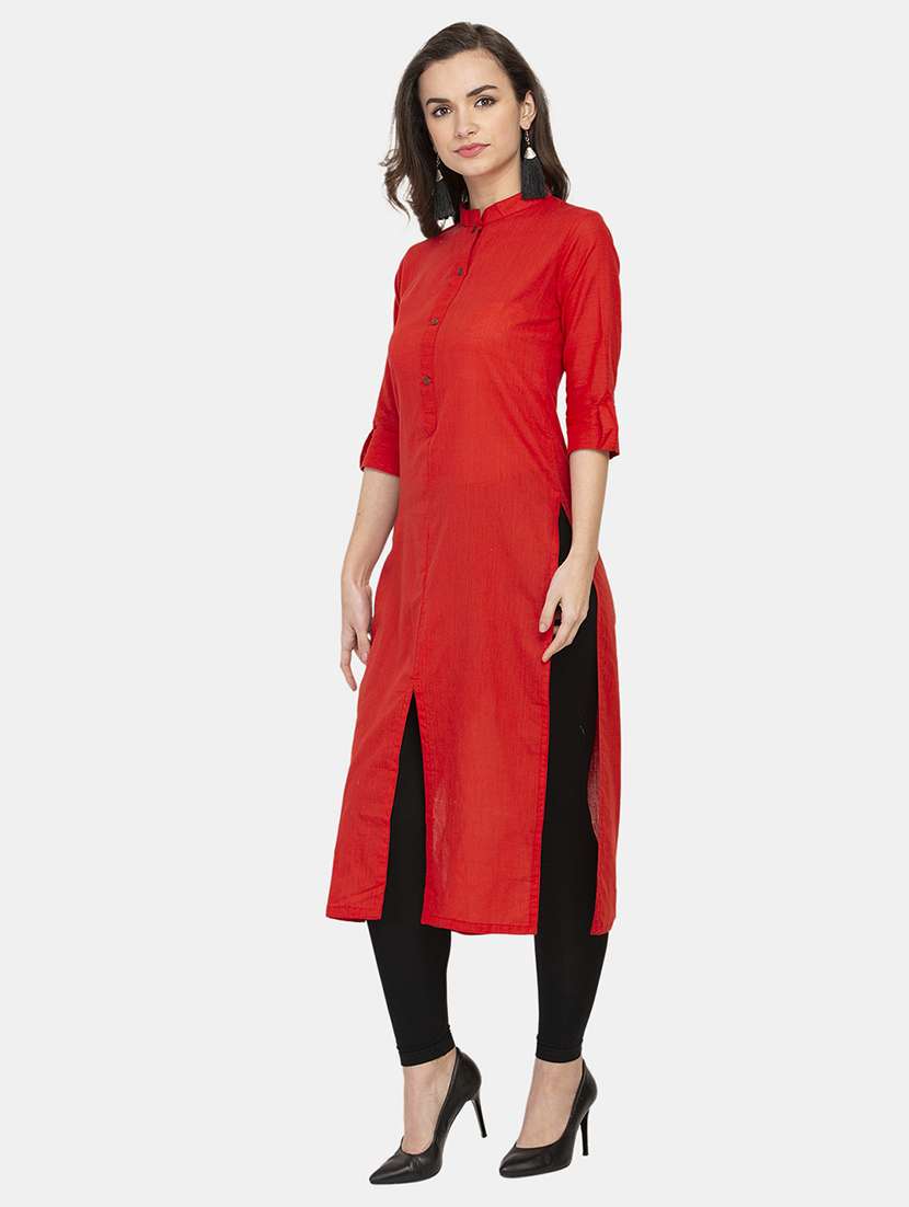 women solid three quarter sleeve straight kurta - 22061654 -  Standard Image - 1