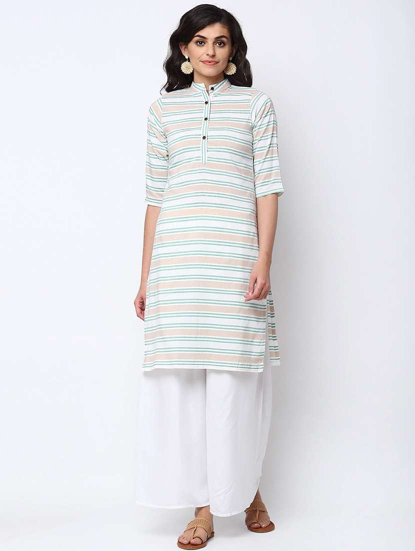 women striped three quarter sleeve straight kurta - 22061656 -  Standard Image - 1