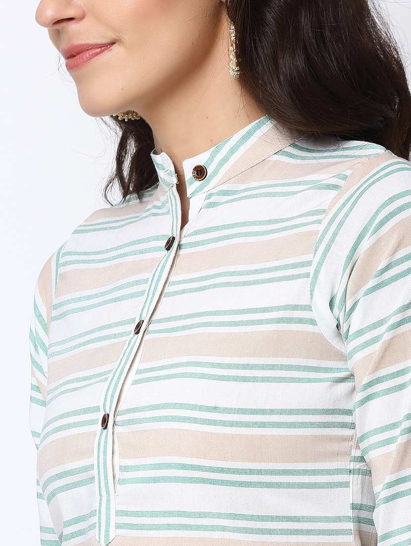 women striped three quarter sleeve straight kurta - 22061656 -  Standard Image - 4