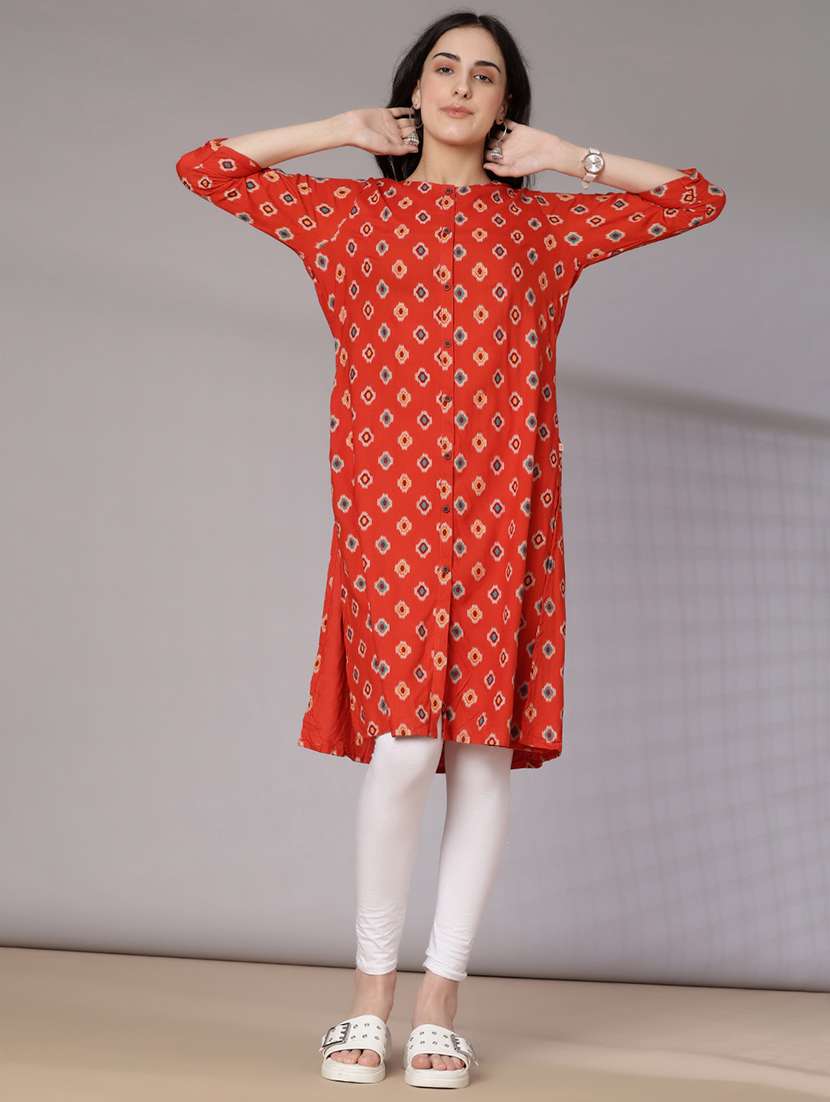 women printed three quarter sleeve a-line kurta - 22061657 -  Standard Image - 1