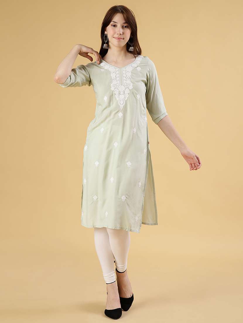 women embroidered three quarter sleeve straight kurta - 22061658 -  Standard Image - 1