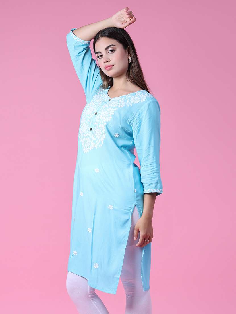women three quarter sleeve straight chikankari kurta - 22061659 -  Standard Image - 1