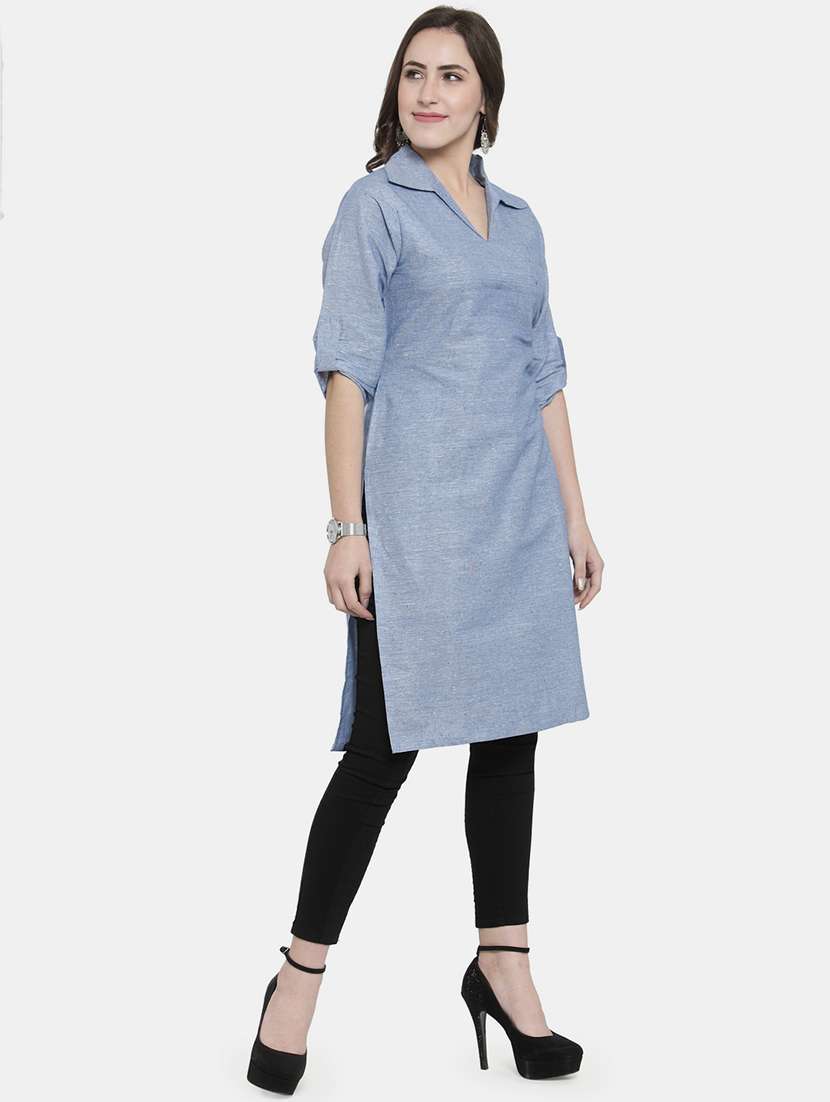 blue cotton straight kurta - 22061665 - Standard Image - 1