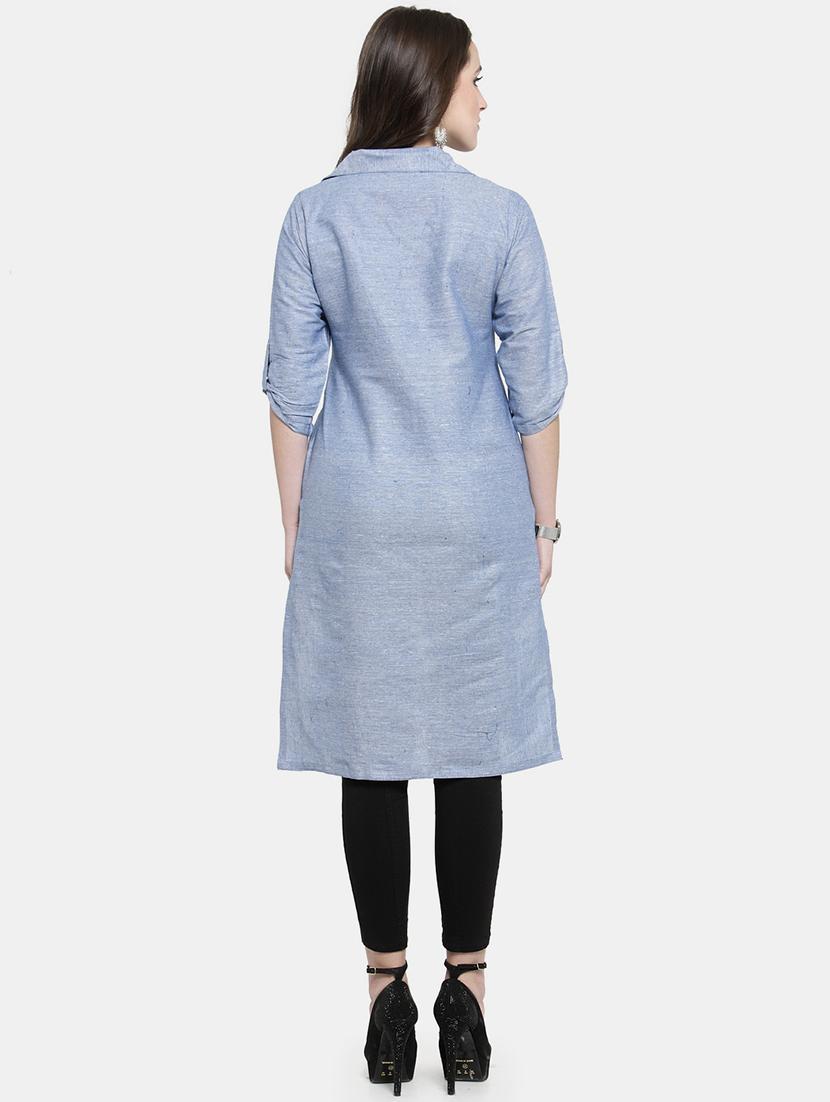 blue cotton straight kurta - 22061665 - Standard Image - 4