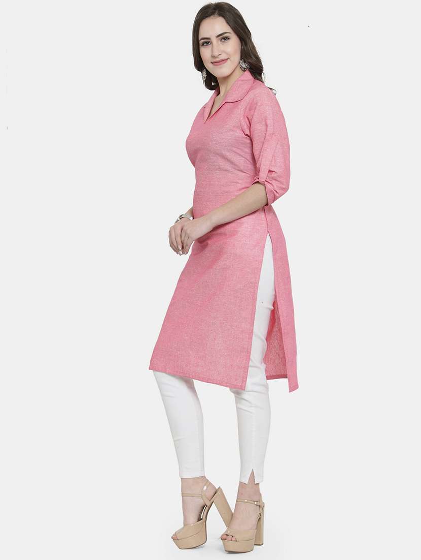 women solid three quarter sleeve straight kurta - 22061666 -  Standard Image - 1