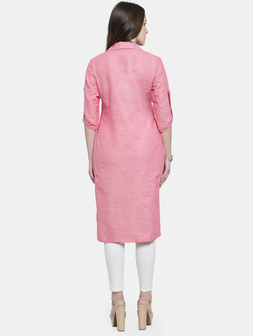 women solid three quarter sleeve straight kurta - 22061666 - Standard Image - 4