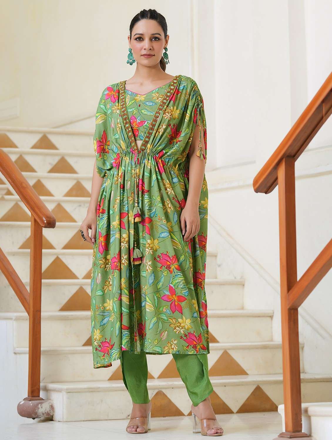 women floral kimono sleeve kaftan kurta pant  set