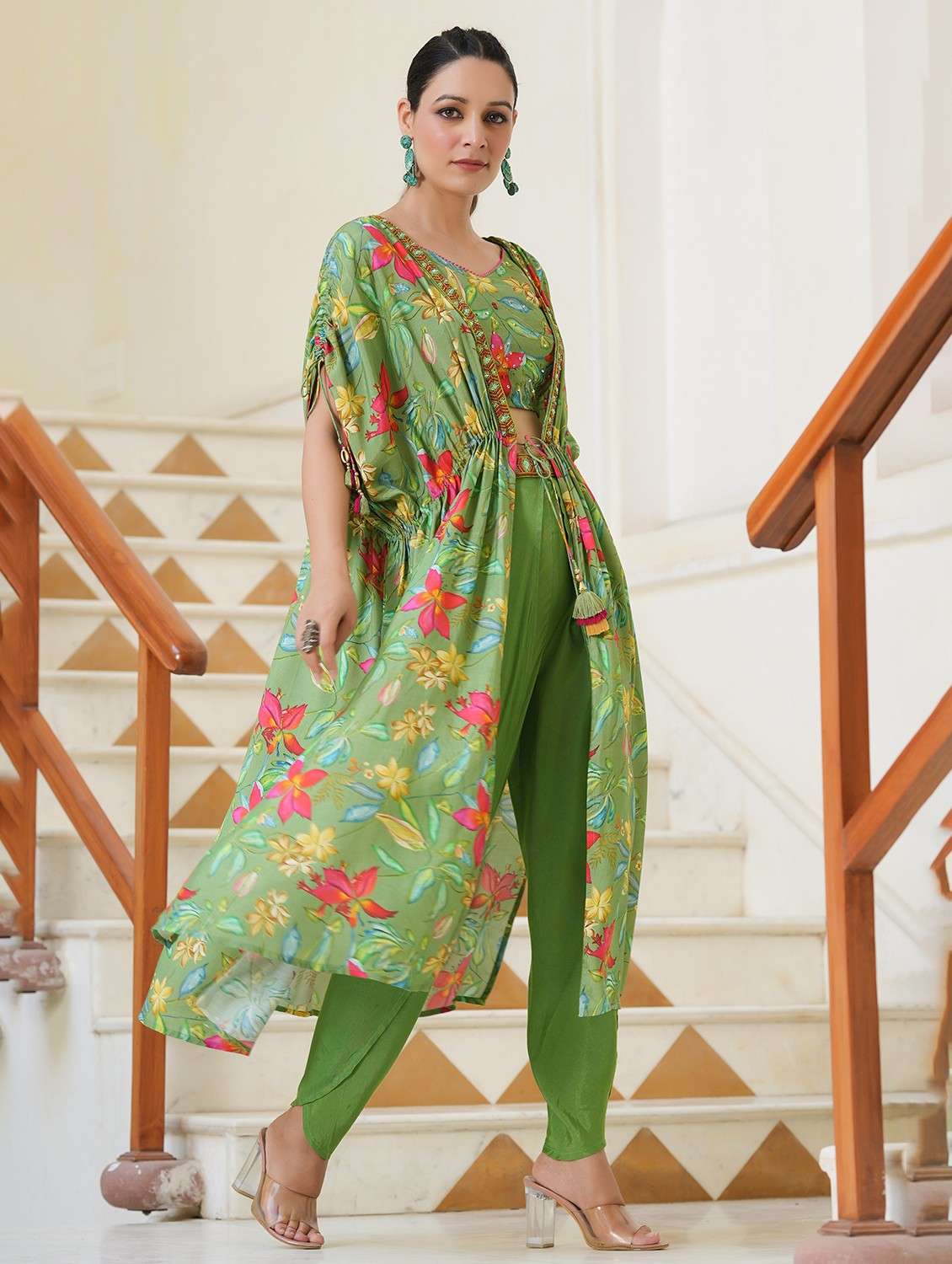 women floral kimono sleeve kaftan kurta pant set - 22061790 - Standard Image - 1