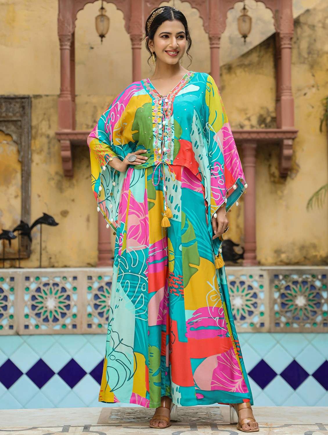 women printed kimono sleeve ethnic co ord set