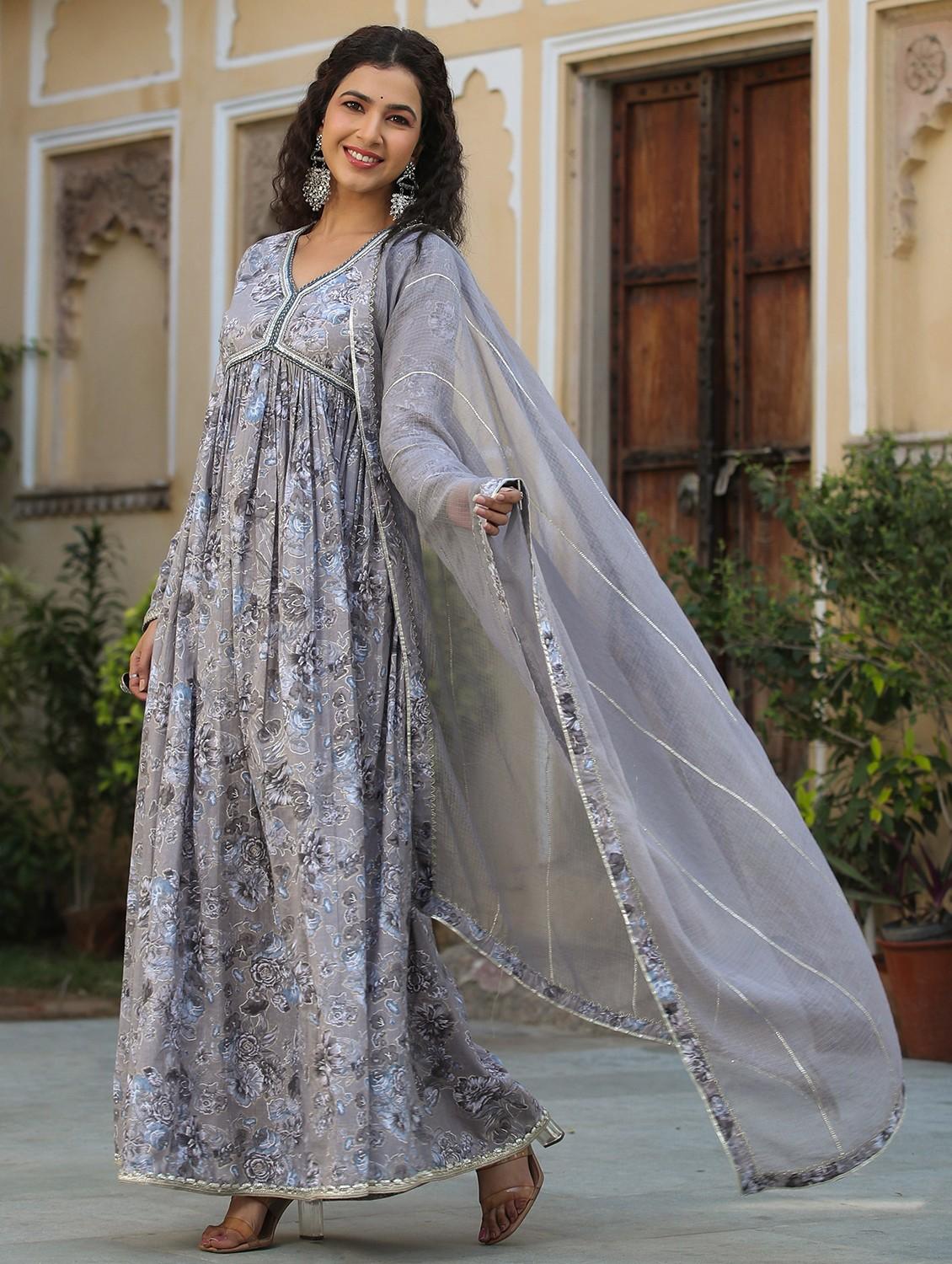 grey cotton aline gown - 22061801 - Standard Image - 1
