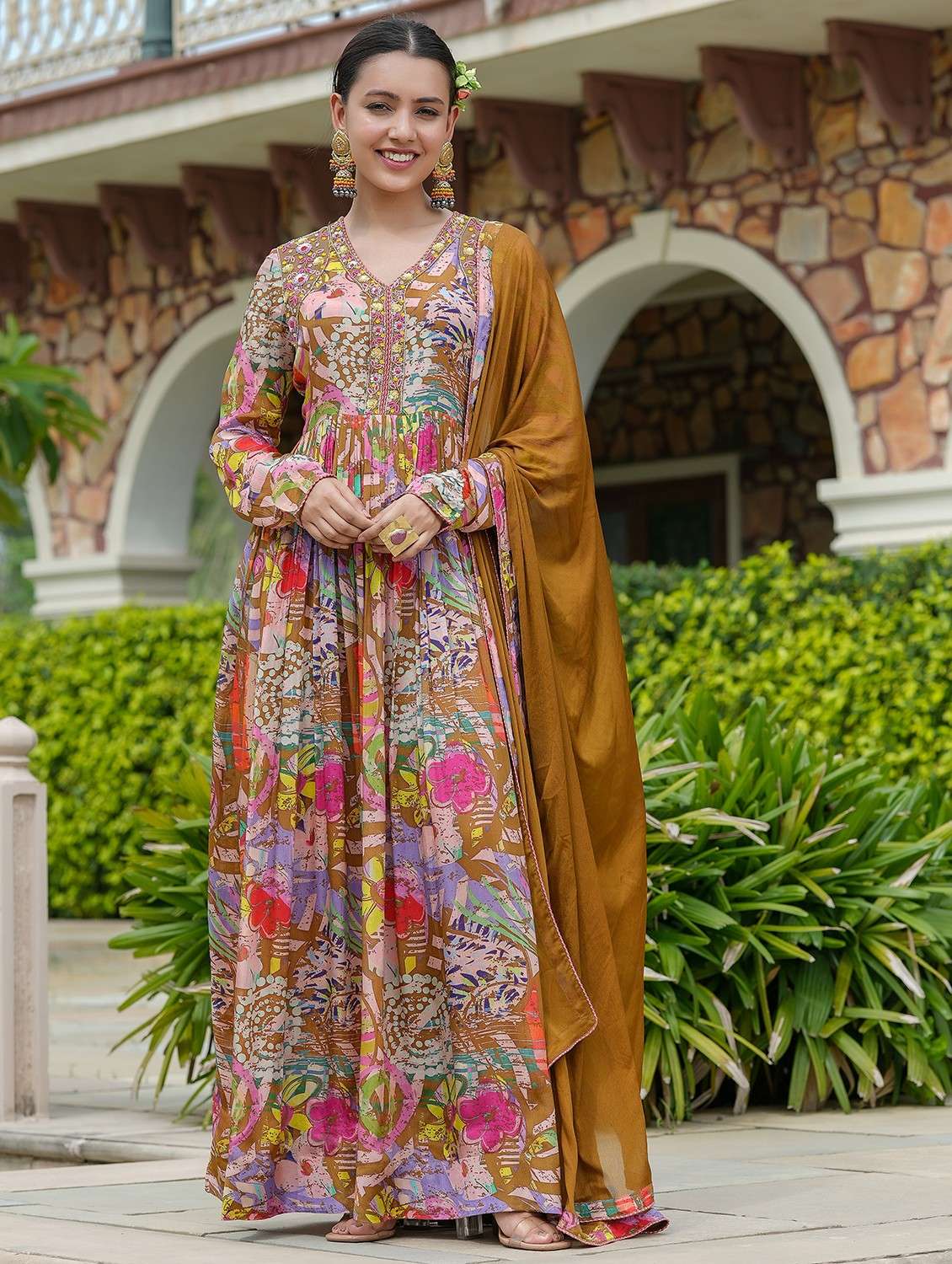 women printed long sleeve kurta dupatta set