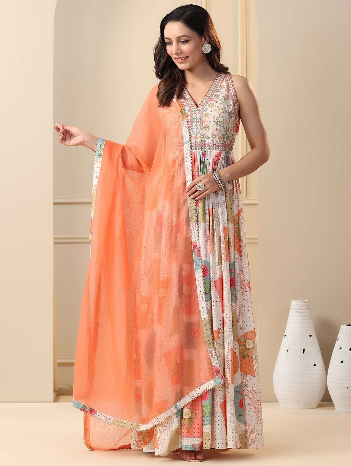 women printed sleeveless anarkali and dupatta set - 22061819 - Standard Image - 1