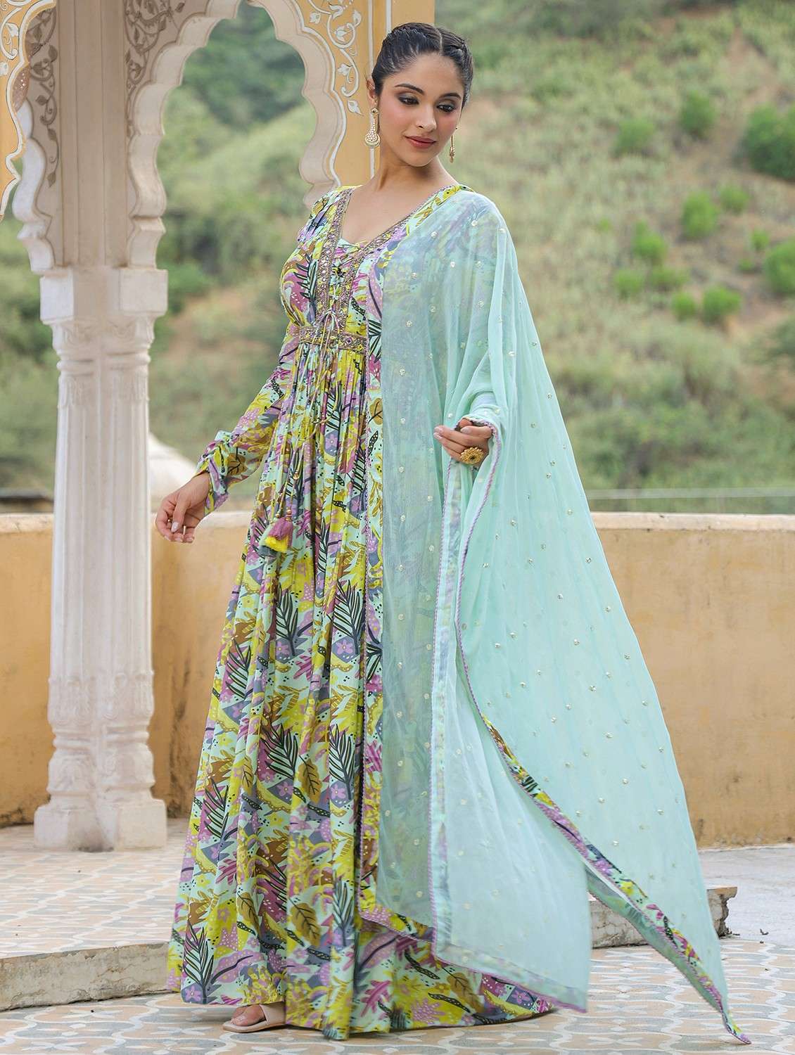 women printed long sleeve kurta dupatta set - 22061822 -  Standard Image - 1