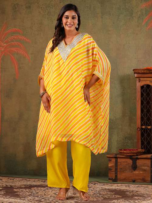 women leheriya kimono sleeve kaftan kurta with pant set - 22062031 - Standard Image - 0