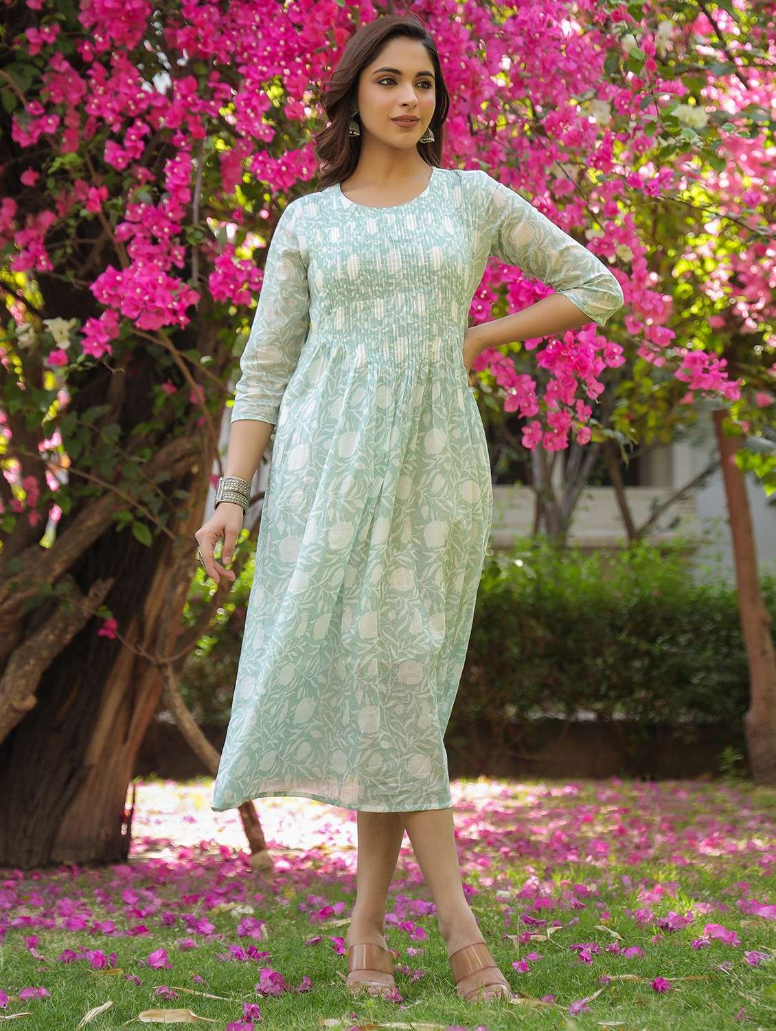 women printed round neck a-line ethnic dress - 22062037 - Standard Image - 1