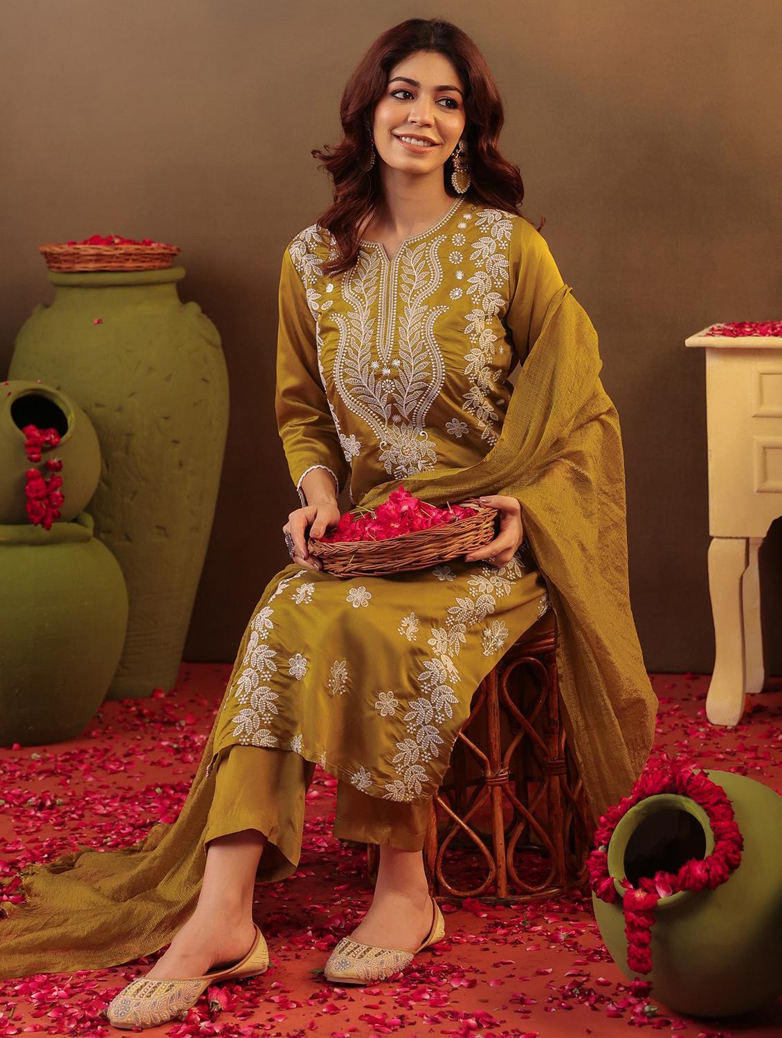 olive silk kurta pant set - 22062041 - Standard Image - 1