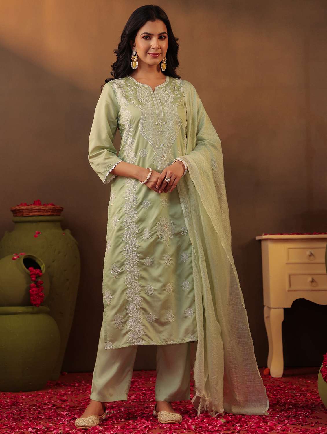 women three quarter sleeve kurta pant with dupatta set
